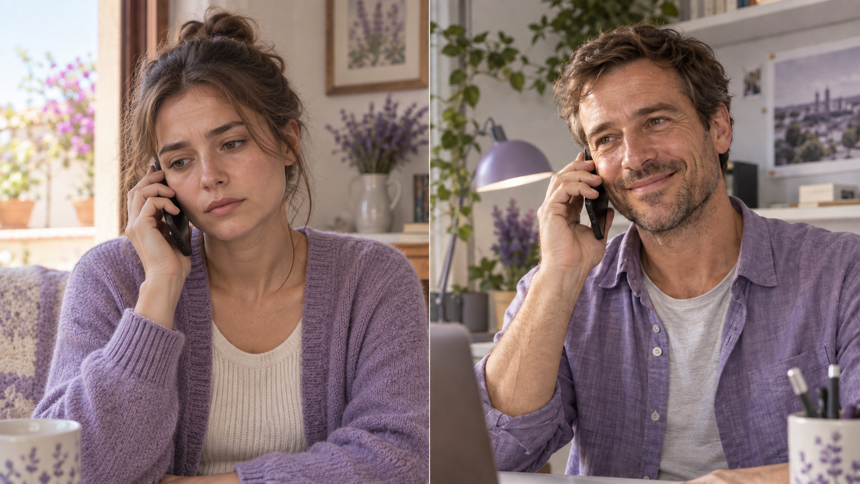 A subdued young adult on the left speaks to the phone agent; her trusted contact is shown on the right.