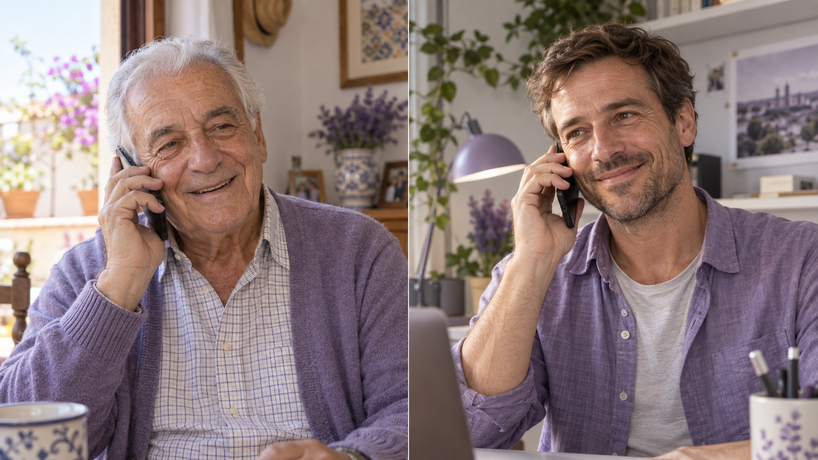 An older adult on the left talks by phone, with his son shown as his trusted contact on the right.